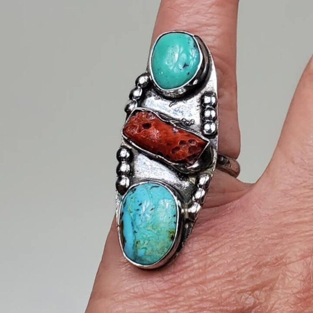 Vintage 1970s Hand Made Sterling Silver Natural Turquoise Ring Grand Canyon